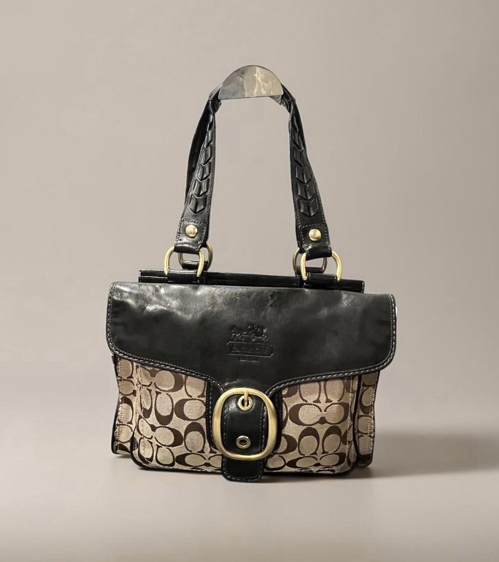 vintage Coach Bleecker signature canvas and black leather flap shoulder